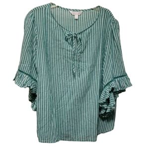 Lauren Conrad Green and White Stripped Boho Style Blouse large